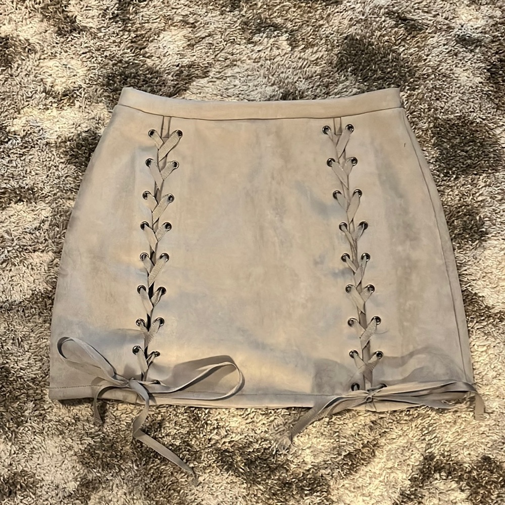 Fashion Nova Taupe Suede Skirt- Tie Up